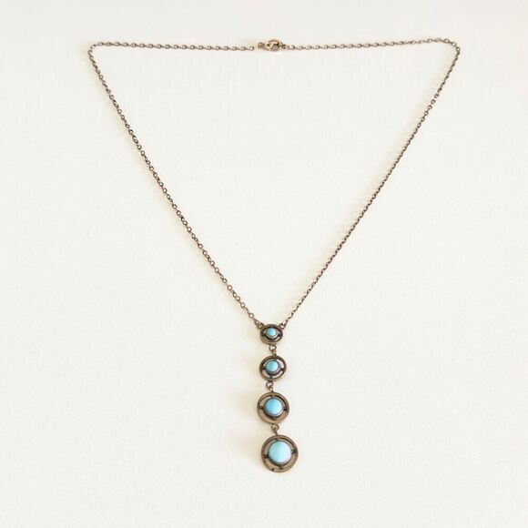 Antique Yellow Gold Filled Blue Robin's Egg Enamel Graduated Drop Necklace 17" - Picture 1 of 13